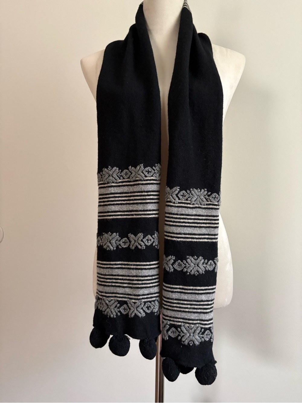 J. Crew 100% Lambswool Nordic Embroidered Pom-Pom Scarf Black Gray OS